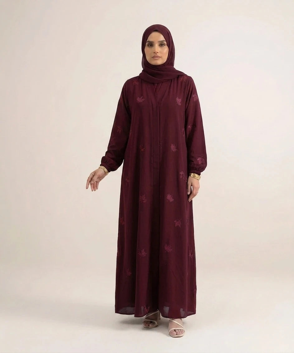 Leaves embroidery open front abaya .