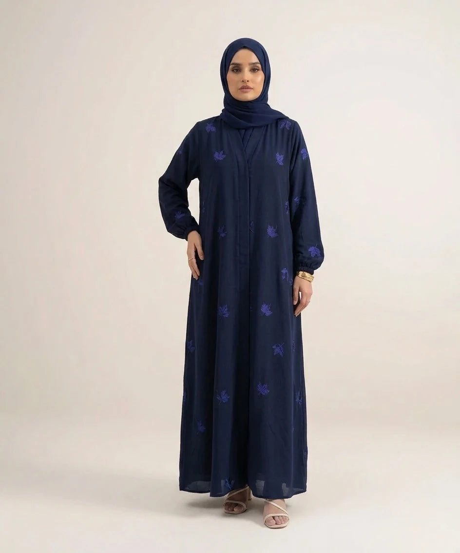 Leaves embroidery open front abaya .