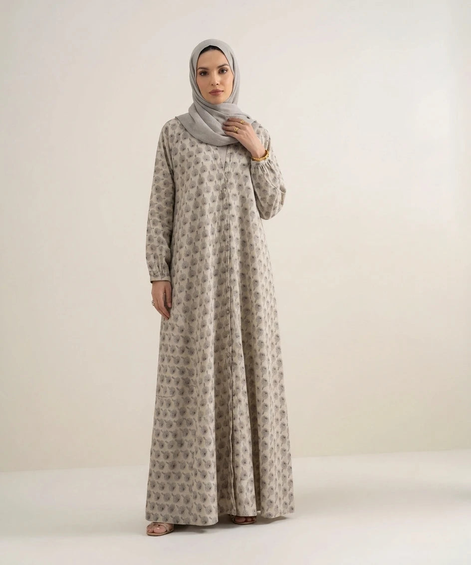Grain printed open front abaya.