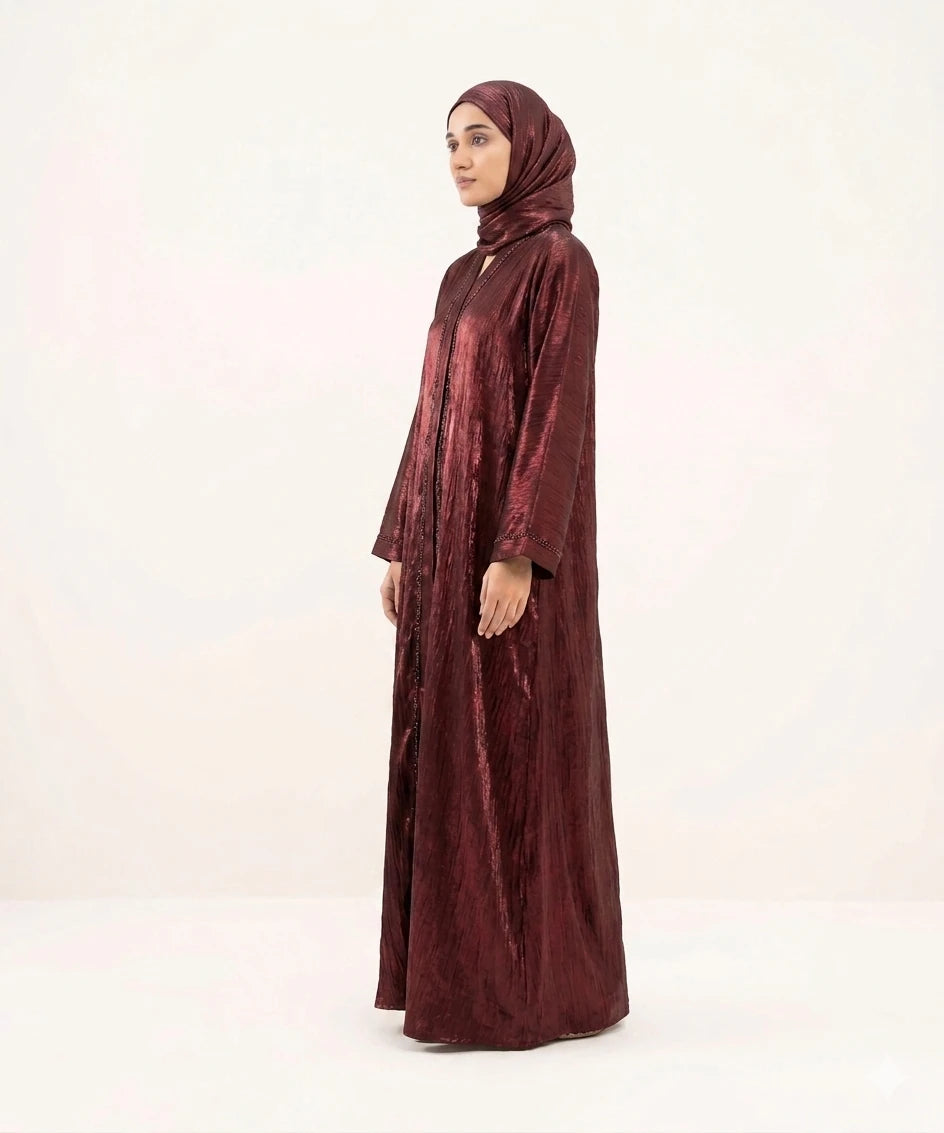 Red Ruby gemstone open front abaya.