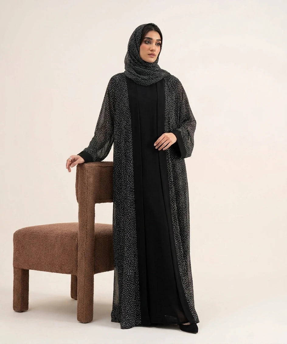 Black 03 piece double upper abaya .