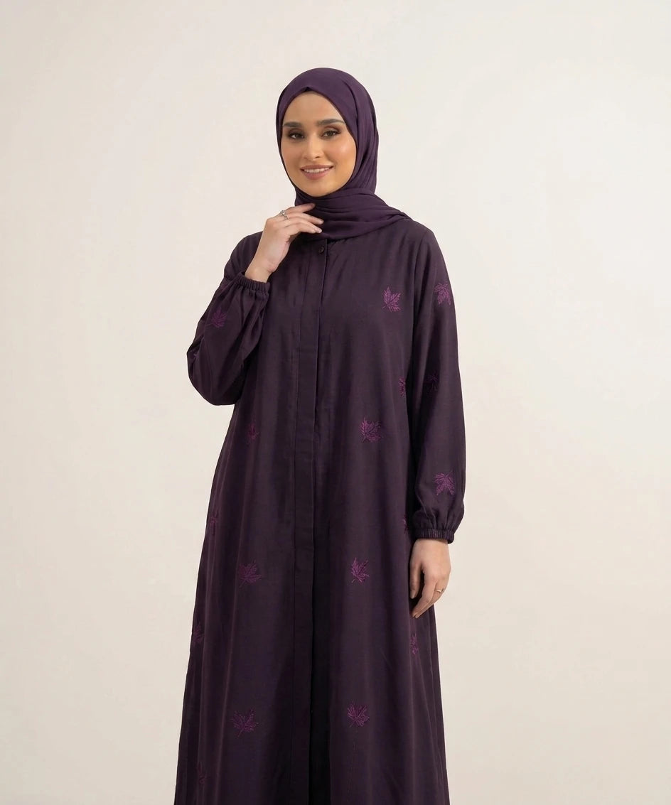 Leaves embroidery open front abaya .