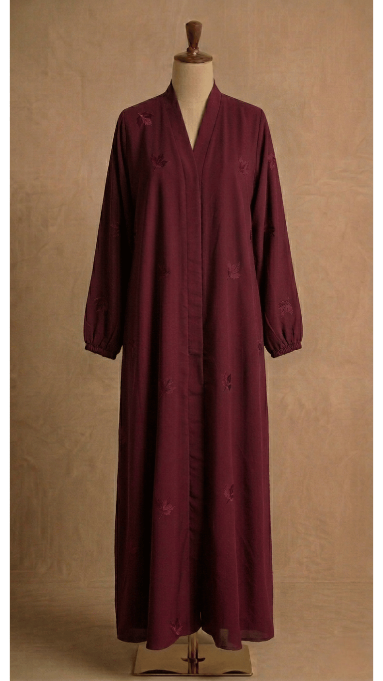Leaves embroidery open front abaya .