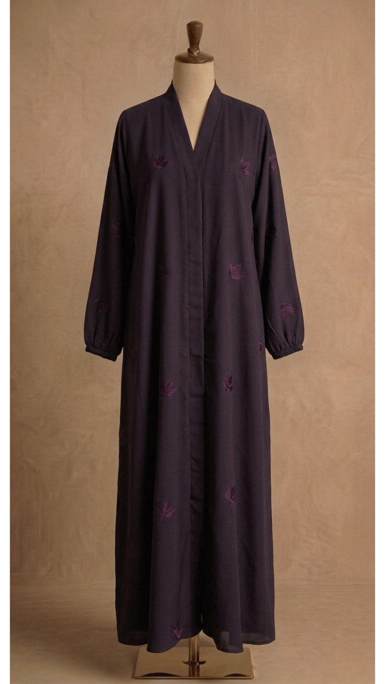 Leaves embroidery open front abaya .