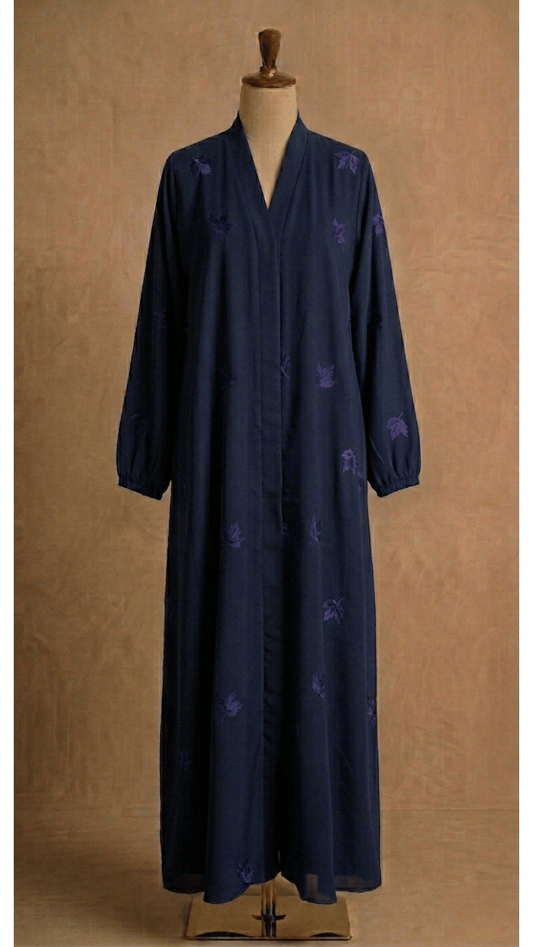 Leaves embroidery open front abaya .