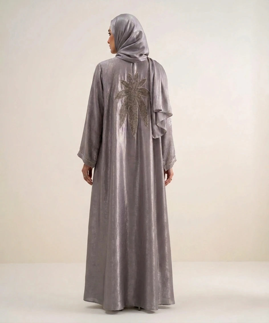 Silver Thread  hand embroidered open front abaya