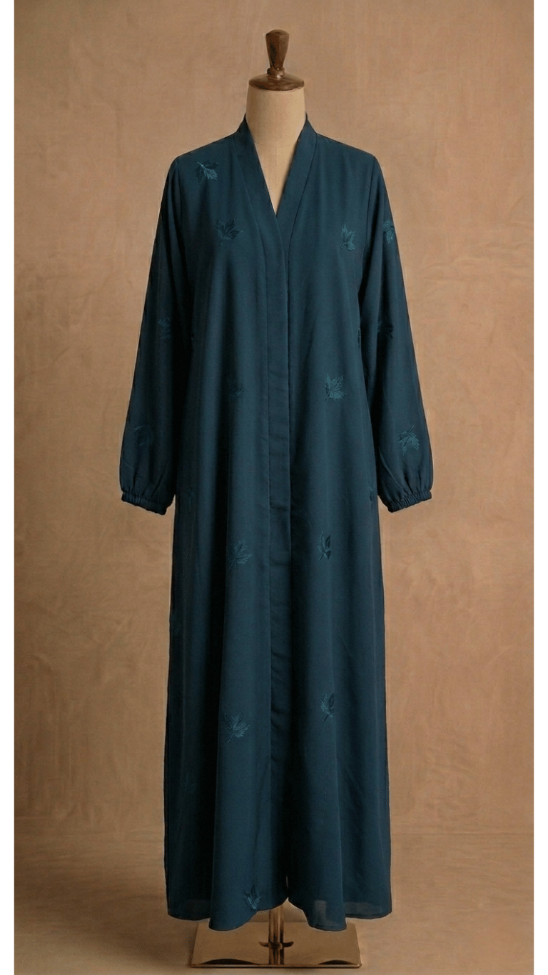 Leaves embroidery open front abaya .